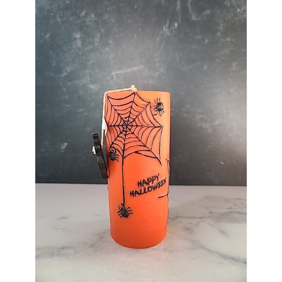 Happy Halloween Spider Black And Orange Pillar Candle - Picture 1 of 11